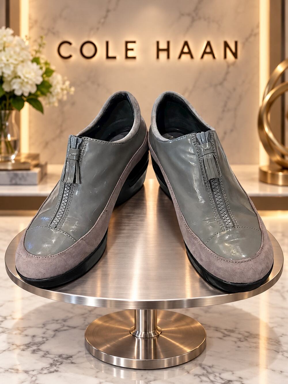 Cole Haan Waterproof Gray Suede Patent Leather Front Zip Wedge Shoes 7B